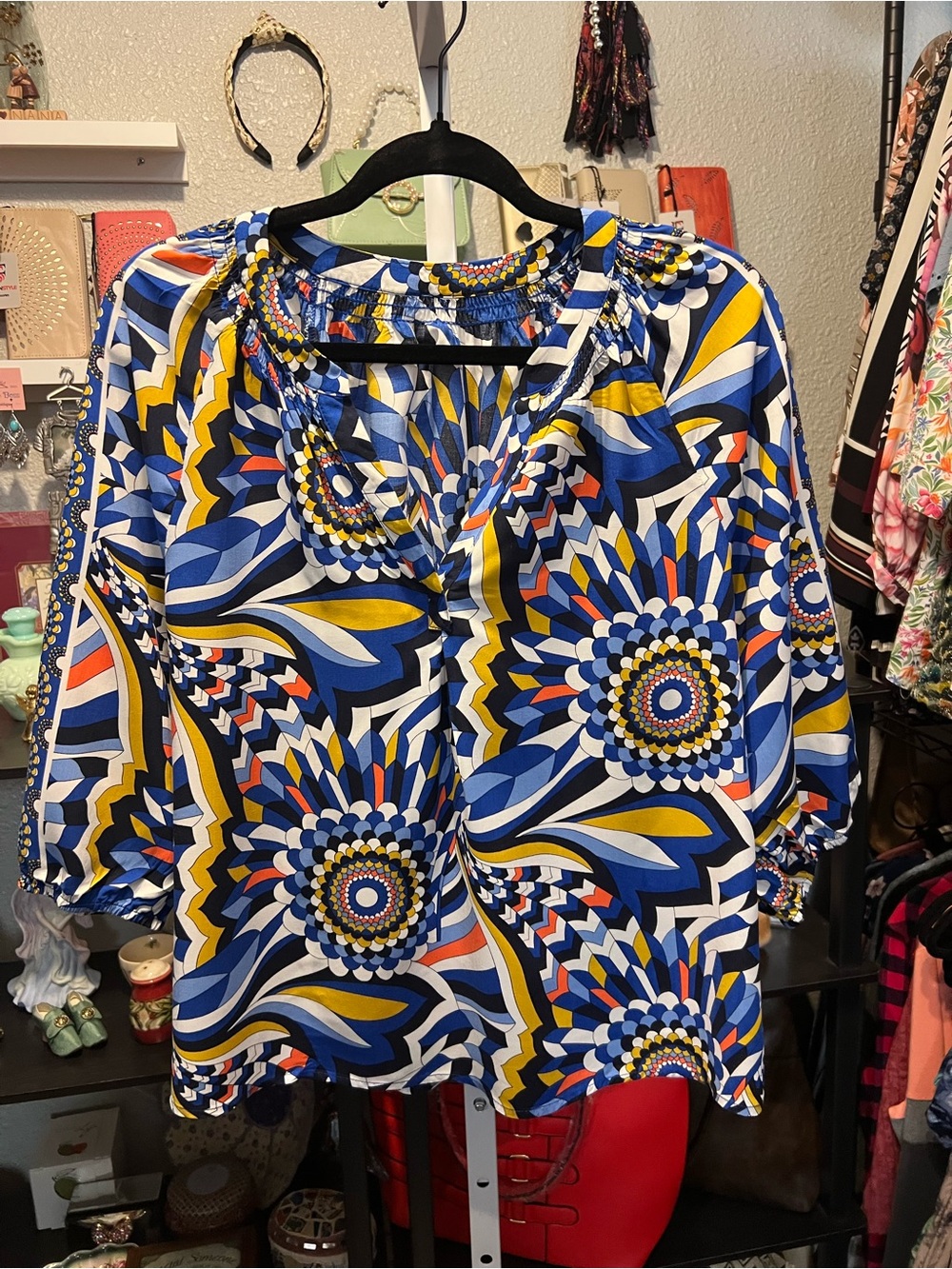 Geometric Print Peasant Blouse - Blue / Yellow